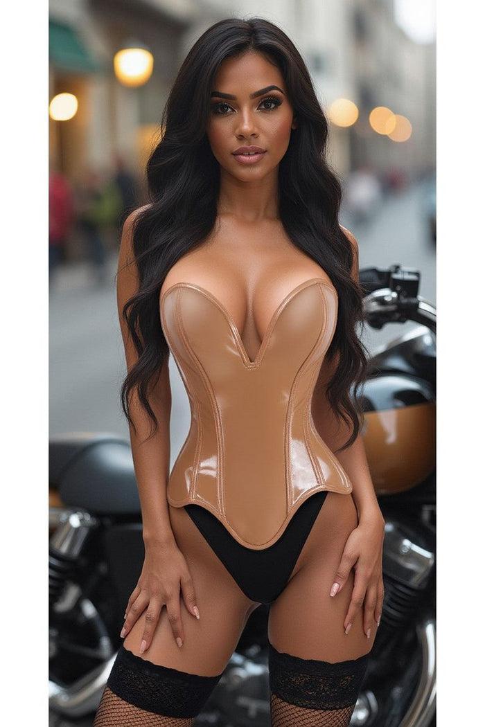 Daisy Beachwear Top Drawer Steel Boned Caramel Patent Plunge Neckline Overbust Corset