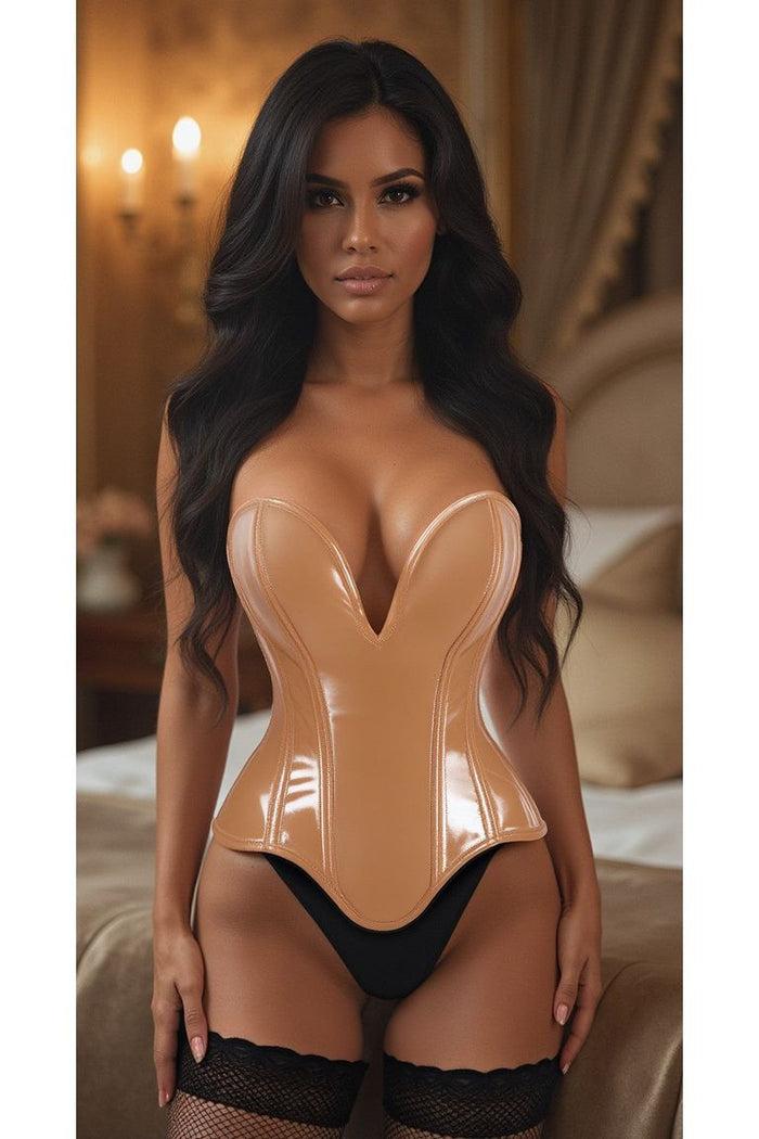 daisy beachwear Top Drawer Steel Boned Caramel Patent Plunge Neckline Overbust Corset