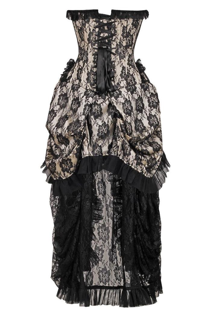 Daisy Beachwear Top Drawer Steel Boned Cream W/Black Lace Bustle Corset Dress