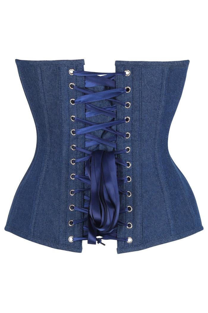 Daisy Beachwear Top Drawer Steel Boned Dark Blue Denim Plunge Neckline Overbust Corset