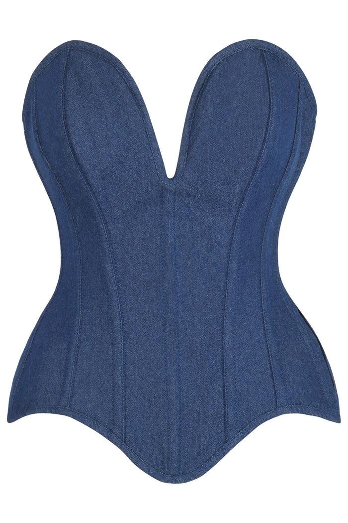 daisy beachwear Top Drawer Steel Boned Dark Blue Denim Plunge Neckline Overbust Corset