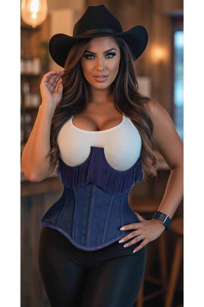 Daisy Beachwear Top Drawer Steel Boned Dark Blue Denim Underwire Underbust Corset Cincher W/Fringe