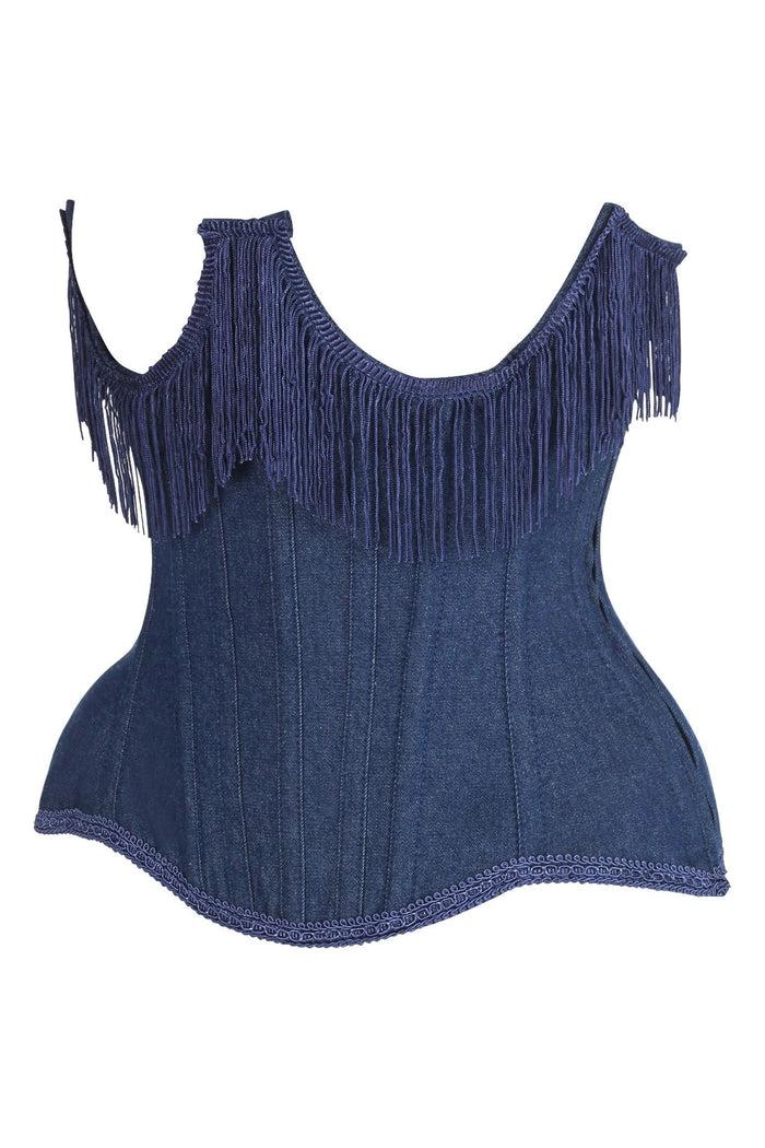 Daisy Beachwear Top Drawer Steel Boned Dark Blue Denim Underwire Underbust Corset Cincher W/Fringe