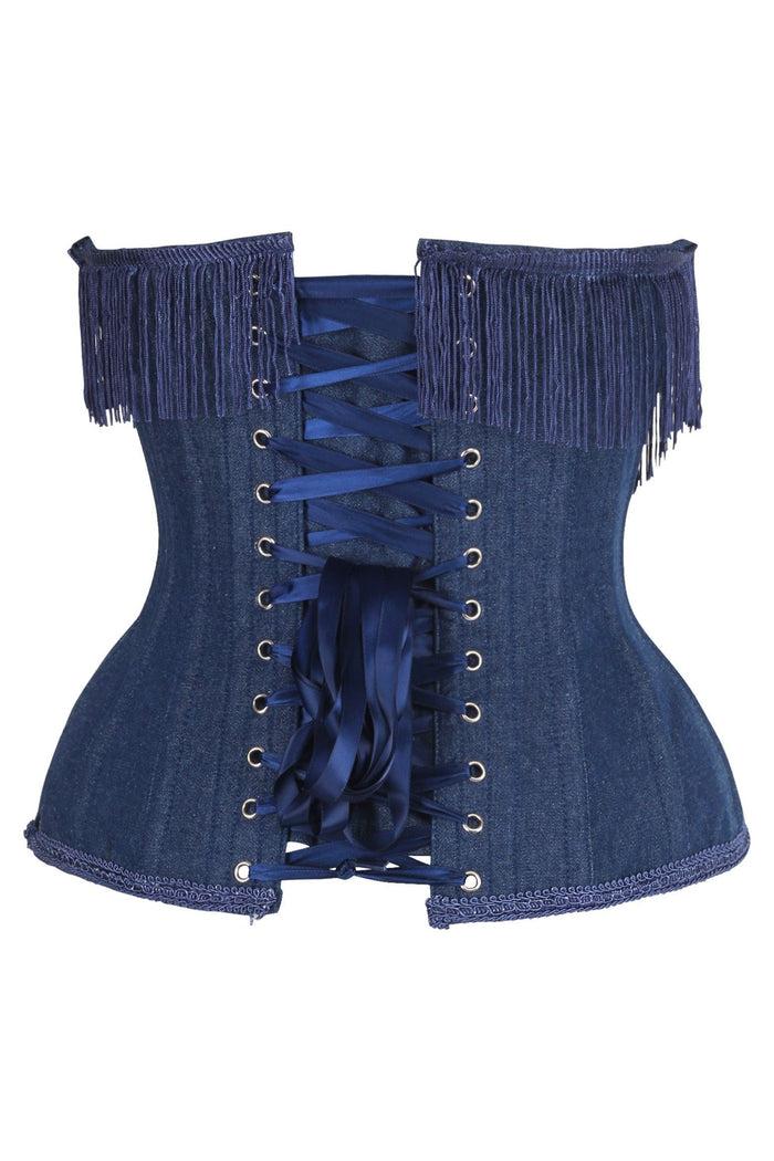 Daisy Beachwear Top Drawer Steel Boned Dark Blue Denim Underwire Underbust Corset Cincher W/Fringe