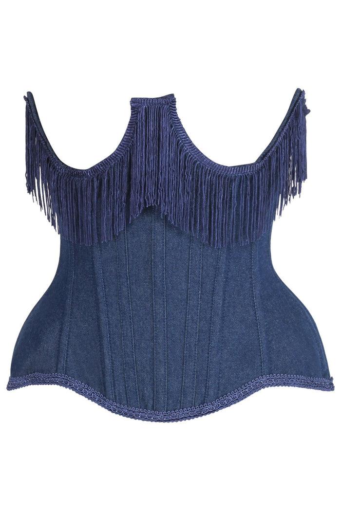 daisy beachwear Top Drawer Steel Boned Dark Blue Denim Underwire Underbust Corset Cincher w/Fringe