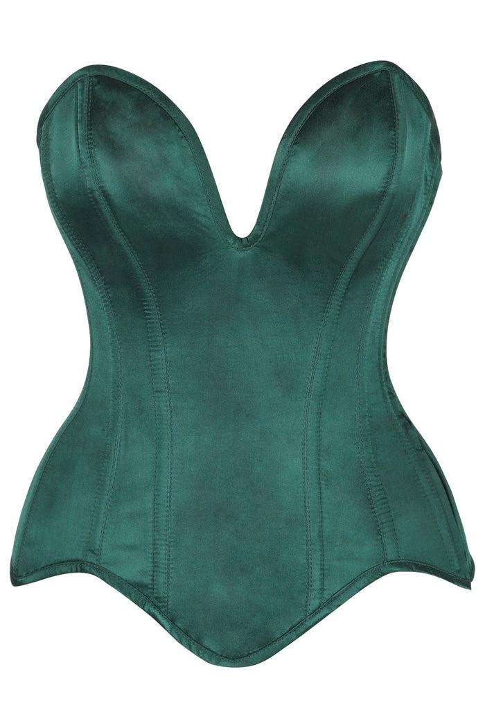 daisy beachwear Top Drawer Steel Boned Dark Green Satin Plunge Neckline Overbust Corset