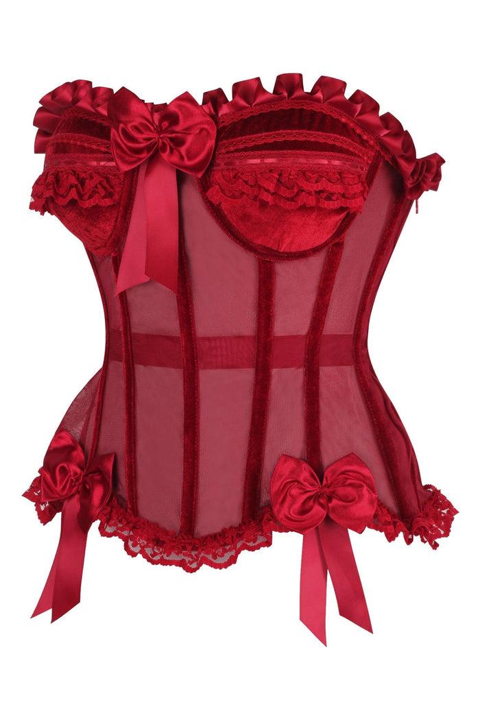 Daisy Beachwear Top Drawer Steel Boned Dark Red Mesh & Velvet Underwire Bustier Corset