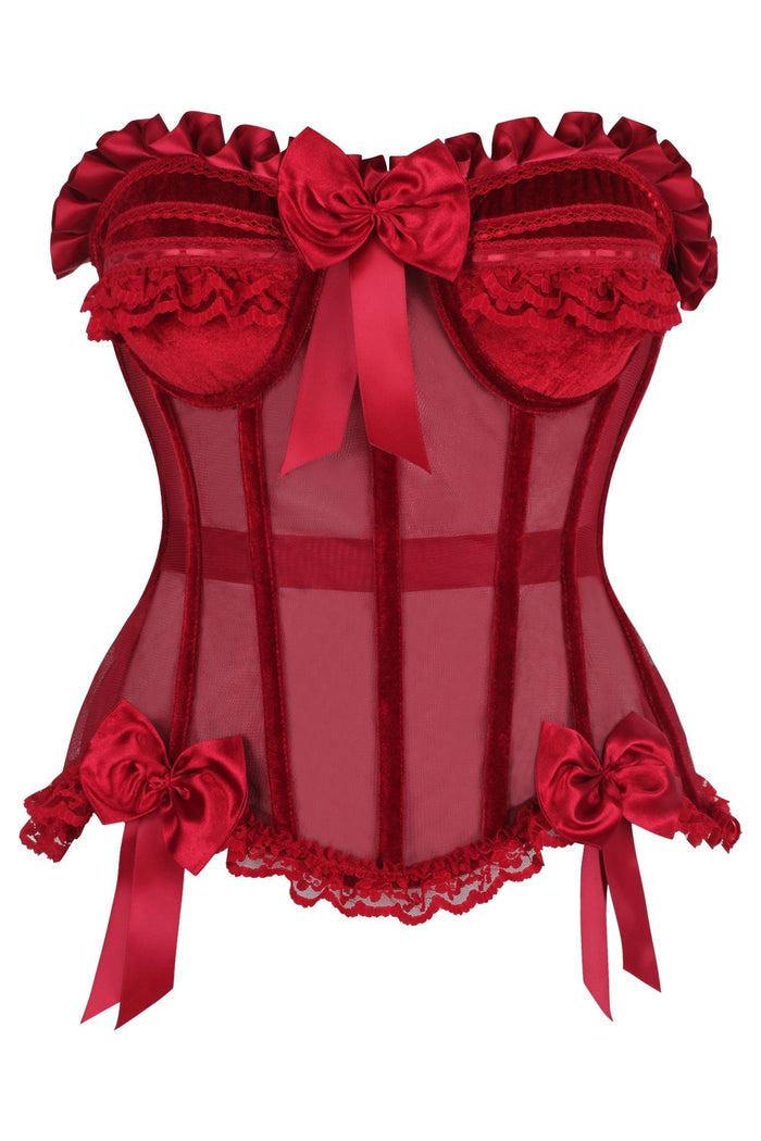daisy beachwear Top Drawer Steel Boned Dark Red Mesh & Velvet Underwire Bustier Corset