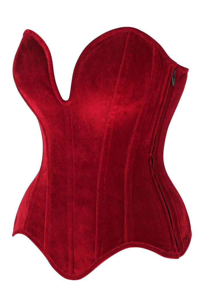 Daisy Beachwear Top Drawer Steel Boned Dark Red Velvet Plunge Neckline Overbust Corset