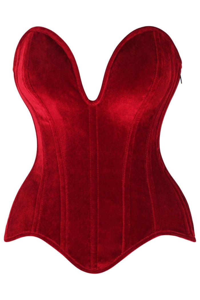 daisy beachwear Top Drawer Steel Boned Dark Red Velvet Plunge Neckline Overbust Corset
