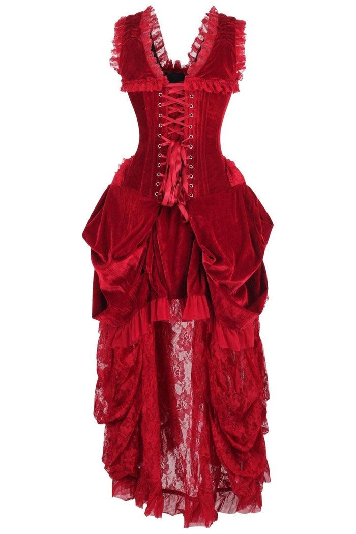 Daisy Beachwear Top Drawer Steel Boned Dark Red Velvet Victorian Bustle Corset Dress