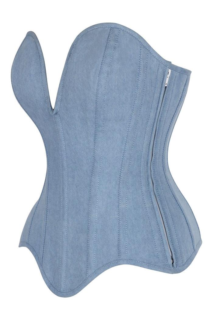 Daisy Beachwear Top Drawer Steel Boned Light Blue Denim Plunge Neckline Overbust Corset