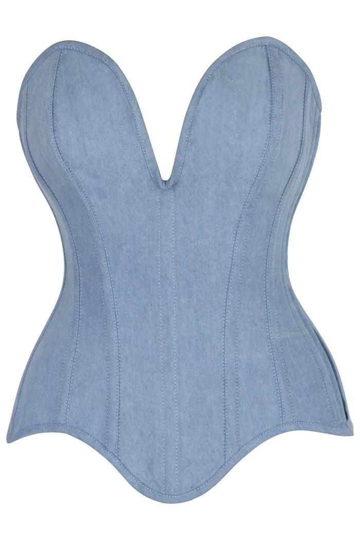 daisy beachwear Top Drawer Steel Boned Light Blue Denim Plunge Neckline Overbust Corset