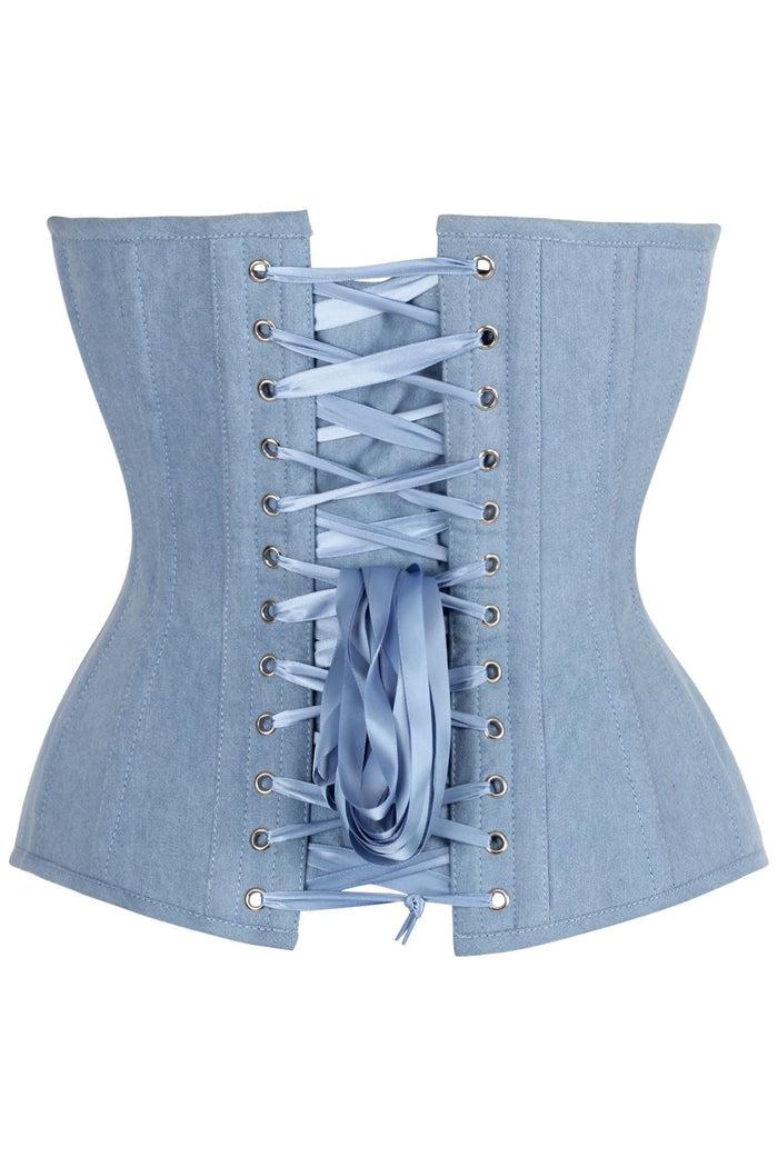 Daisy Beachwear Top Drawer Steel Boned Light Blue Denim Plunge Neckline Overbust Corset