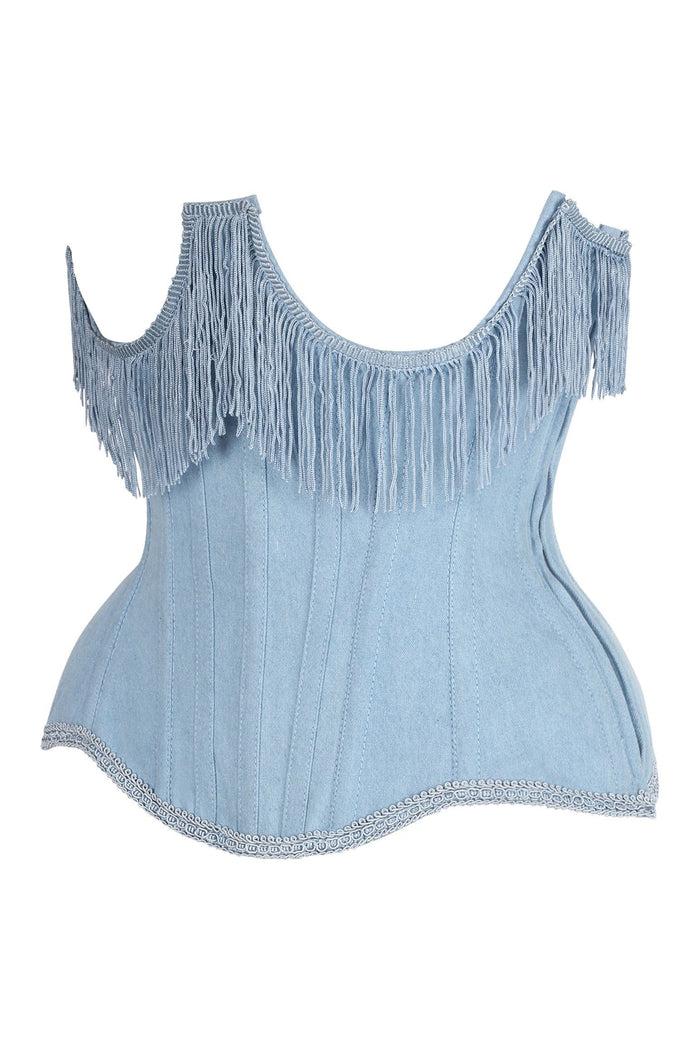 Daisy Beachwear Top Drawer Steel Boned Light Blue Denim Underwire Underbust Corset Cincher W/Fringe
