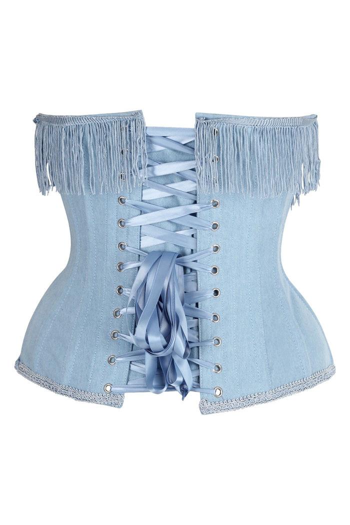Daisy Beachwear Top Drawer Steel Boned Light Blue Denim Underwire Underbust Corset Cincher W/Fringe