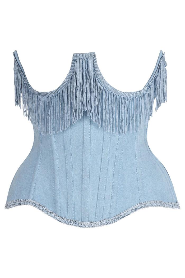 daisy beachwear Top Drawer Steel Boned Light Blue Denim Underwire Underbust Corset Cincher w/Fringe