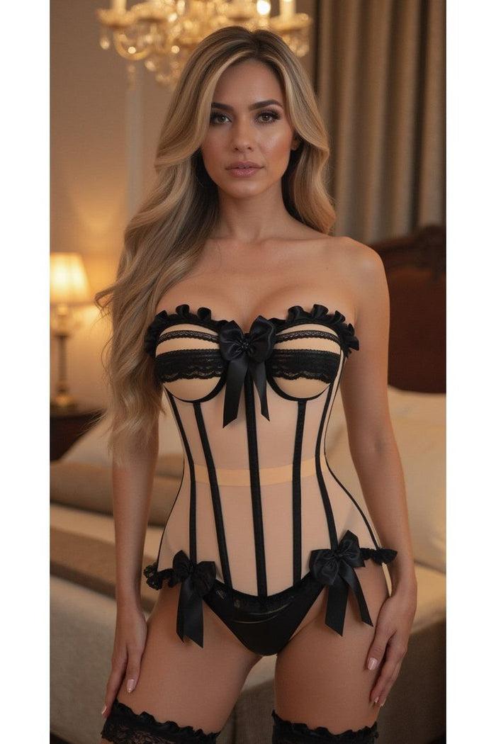 Daisy Beachwear Top Drawer Steel Boned Nude & Black Mesh Underwire Bustier Corset