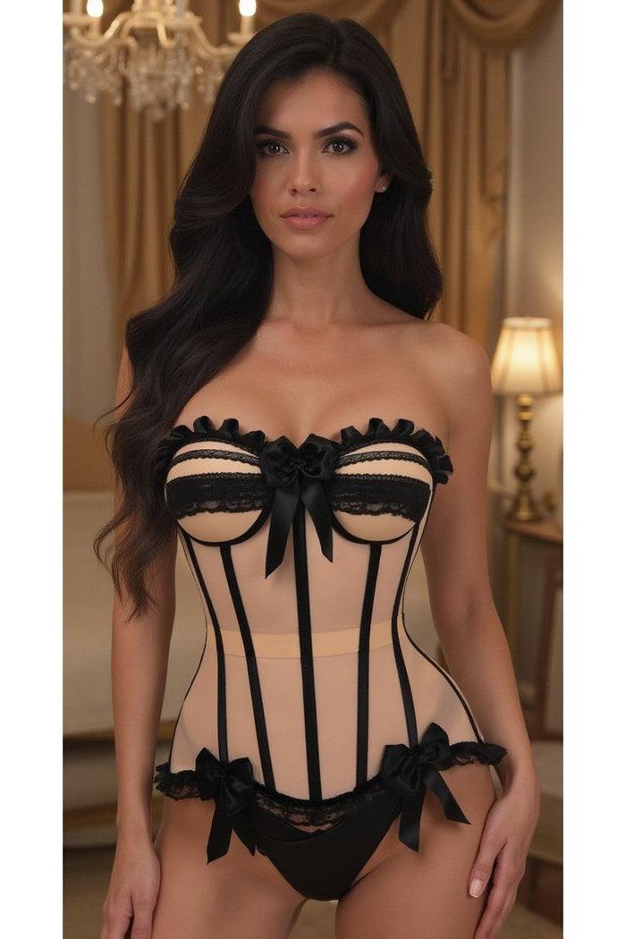 Daisy Beachwear Top Drawer Steel Boned Nude & Black Mesh Underwire Bustier Corset