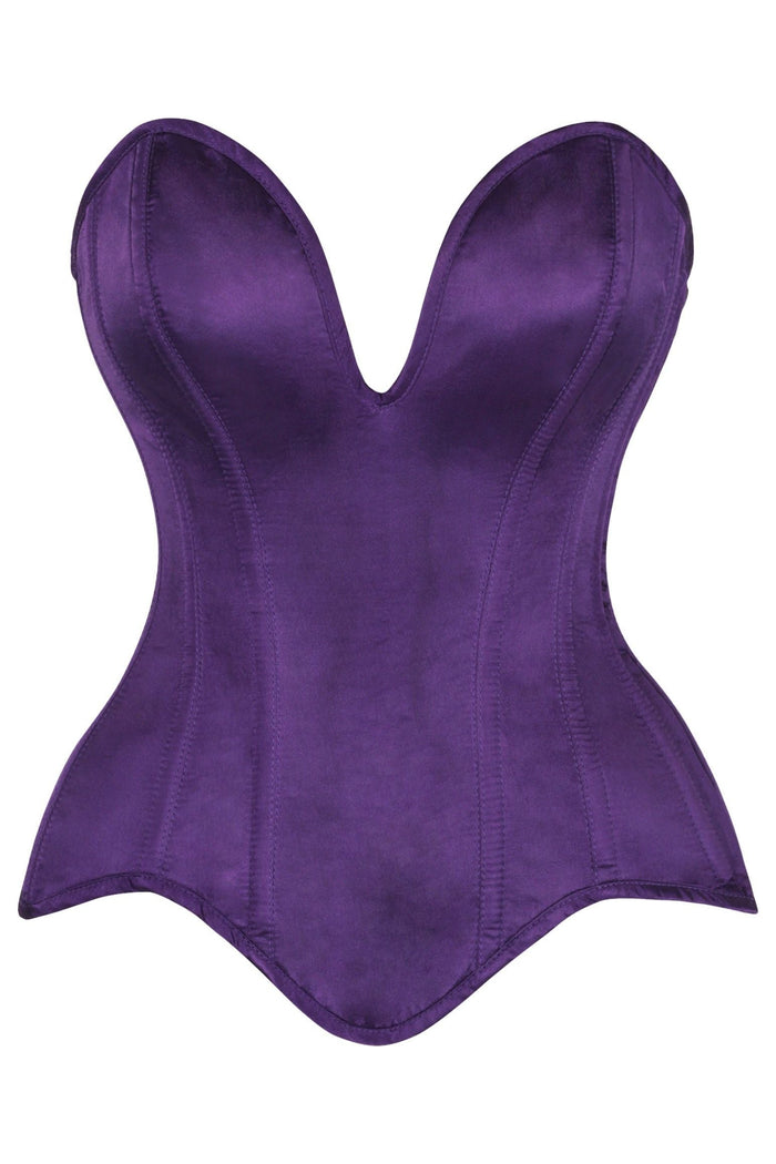 daisy beachwear Top Drawer Steel Boned Plum Satin Plunge Neckline Overbust Corset