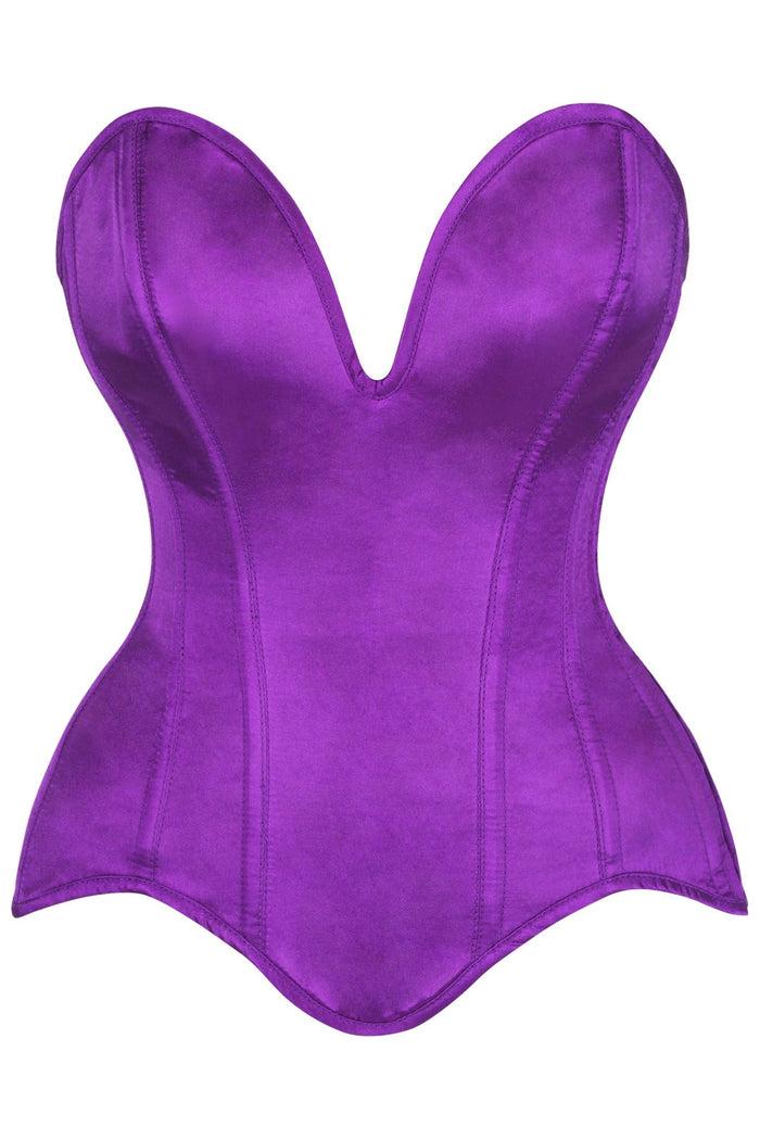 daisy beachwear Top Drawer Steel Boned Purple Satin Plunge Neckline Overbust Corset