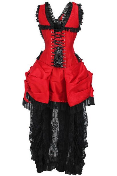 Daisy Beachwear Top Drawer Steel Boned Red/Black Lace Victorian Bustle Corset Dress