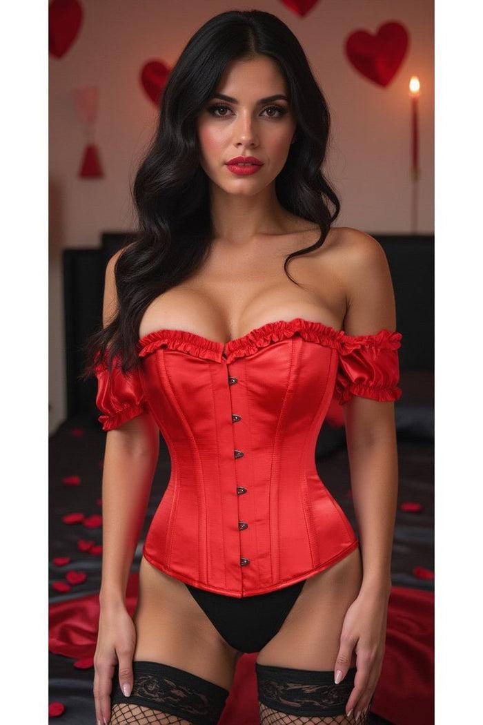 Daisy Beachwear Top Drawer Steel Boned Red Satin Overbust Corset W/Sleeves
