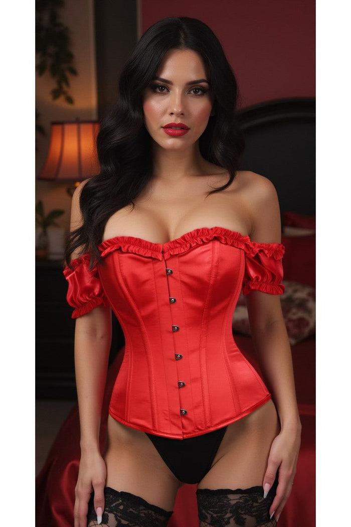 Daisy Beachwear Top Drawer Steel Boned Red Satin Overbust Corset W/Sleeves
