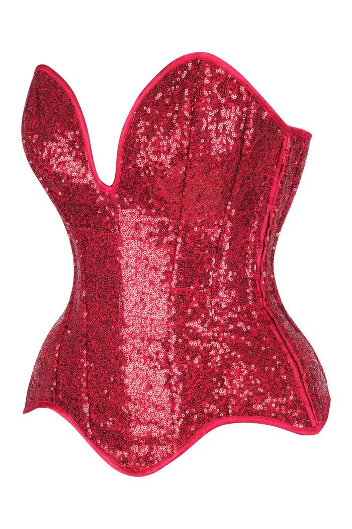 Daisy Beachwear Top Drawer Steel Boned Red Sequin Plunge Neckline Overbust Corset