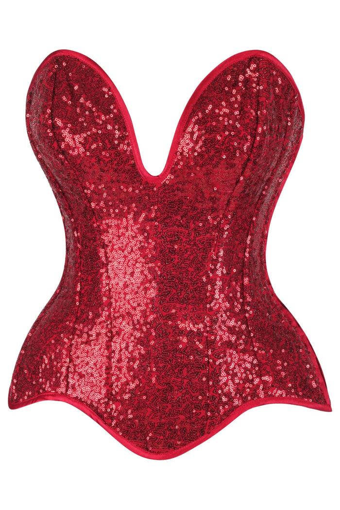 daisy beachwear Top Drawer Steel Boned Red Sequin Plunge Neckline Overbust Corset