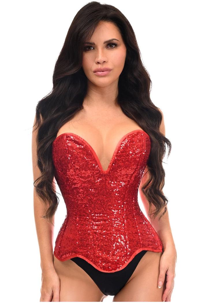 daisy beachwear Top Drawer Steel Boned Red Sequin Plunge Neckline Overbust Corset
