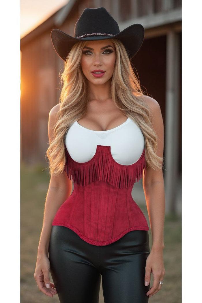 Daisy Beachwear Top Drawer Steel Boned Red Suede Underwire Underbust Corset Cincher W/Fringe