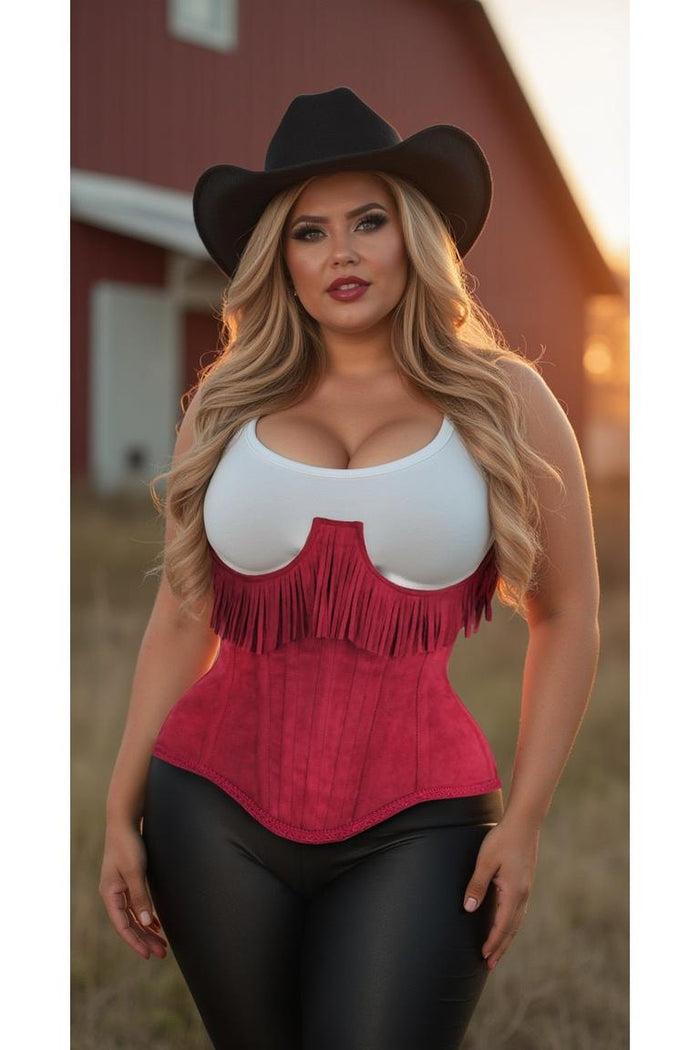 Daisy Beachwear Top Drawer Steel Boned Red Suede Underwire Underbust Corset Cincher W/Fringe