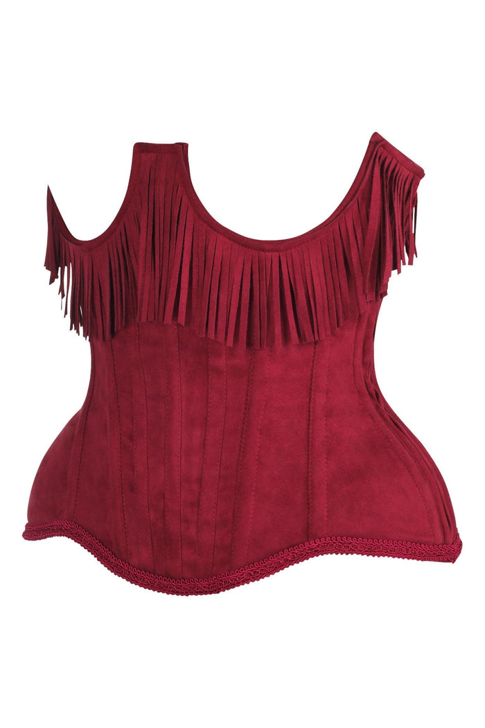 Daisy Beachwear Top Drawer Steel Boned Red Suede Underwire Underbust Corset Cincher W/Fringe