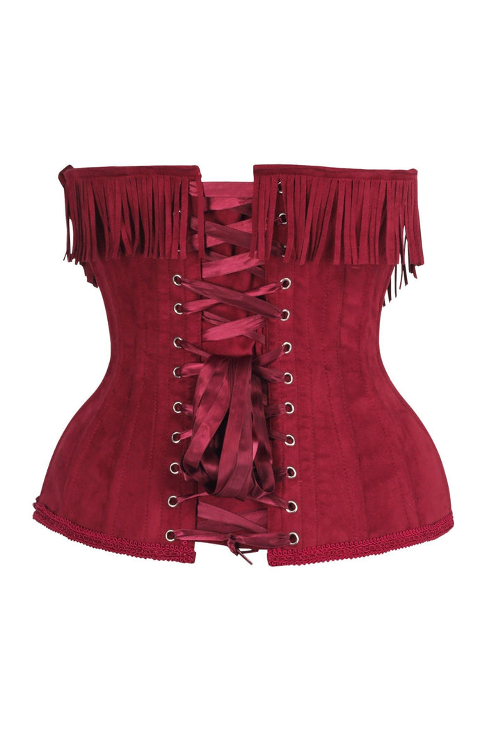 Daisy Beachwear Top Drawer Steel Boned Red Suede Underwire Underbust Corset Cincher W/Fringe