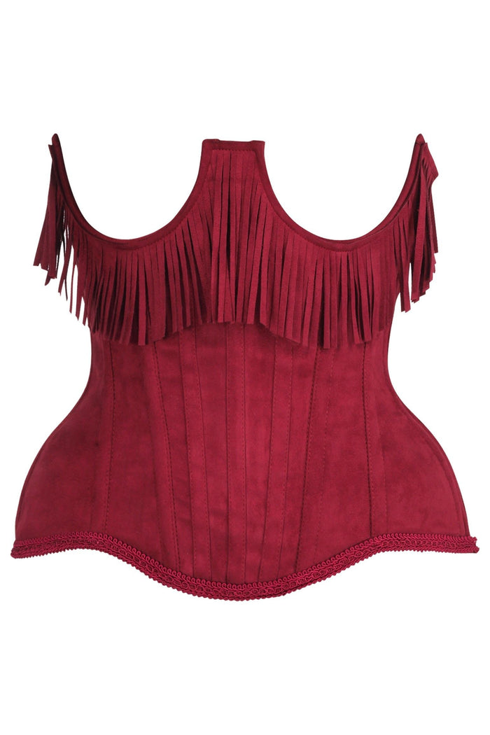 daisy beachwear Top Drawer Steel Boned Red Suede Underwire Underbust Corset Cincher w/Fringe