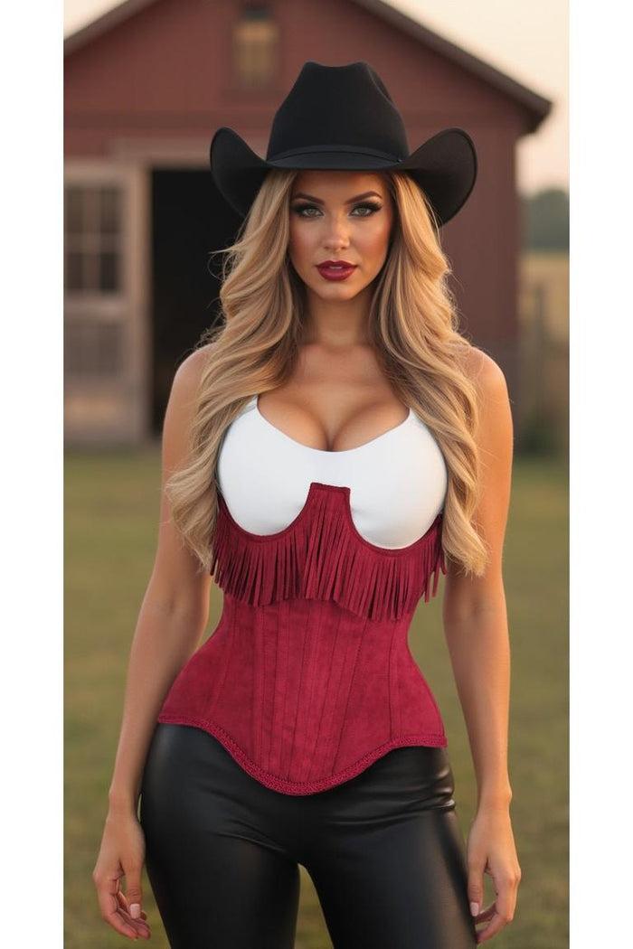 daisy beachwear Top Drawer Steel Boned Red Suede Underwire Underbust Corset Cincher w/Fringe