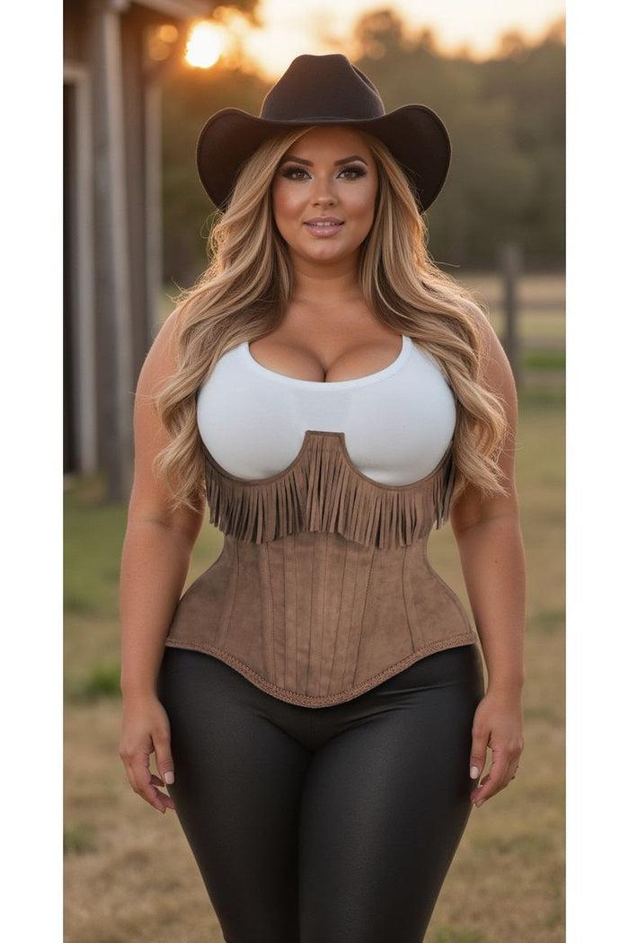 Daisy Beachwear Top Drawer Steel Boned Tan Suede Underwire Underbust Corset Cincher W/Fringe