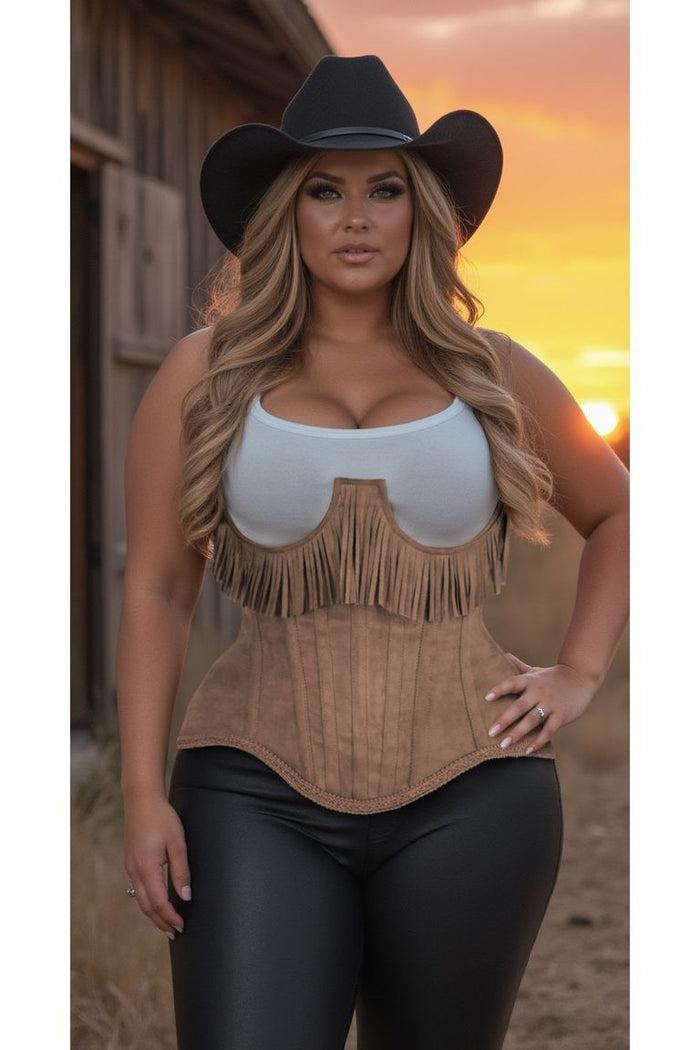 Daisy Beachwear Top Drawer Steel Boned Tan Suede Underwire Underbust Corset Cincher W/Fringe
