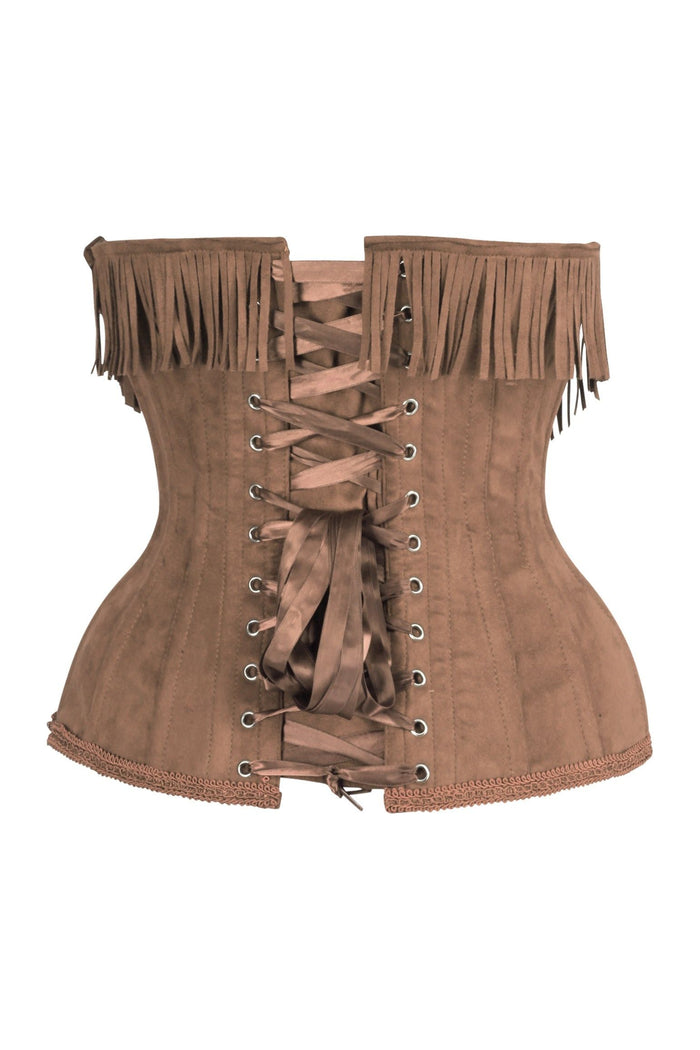 Daisy Beachwear Top Drawer Steel Boned Tan Suede Underwire Underbust Corset Cincher W/Fringe