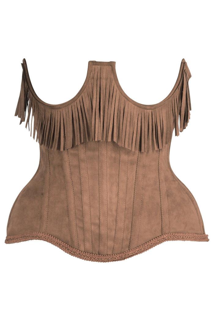daisy beachwear Top Drawer Steel Boned Tan Suede Underwire Underbust Corset Cincher w/Fringe