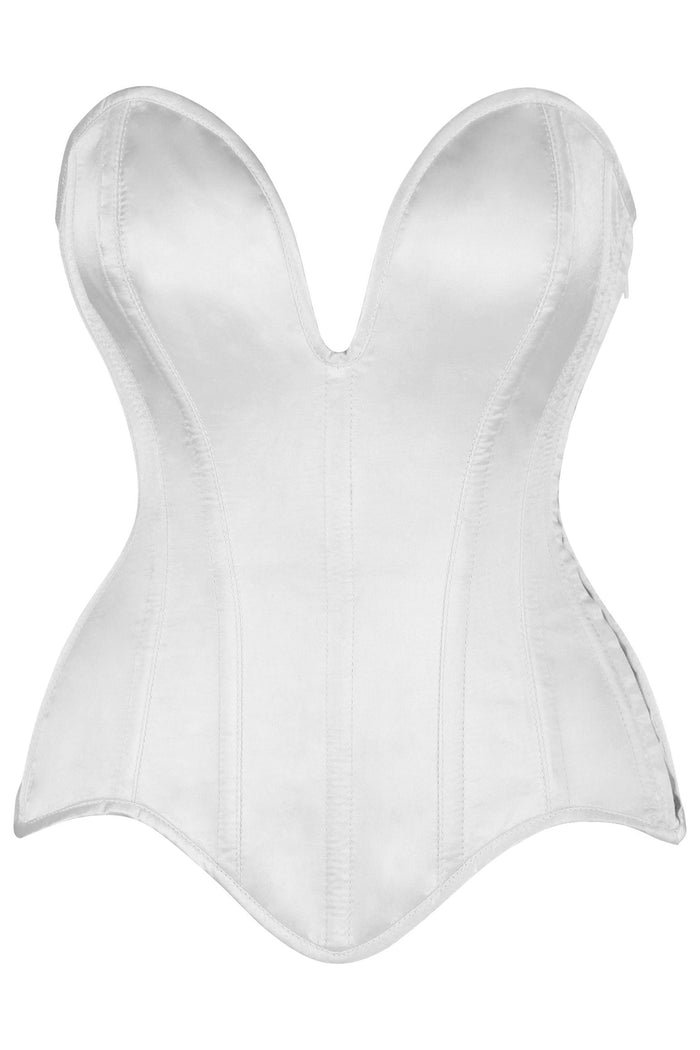 daisy beachwear Top Drawer Steel Boned White Satin Plunge Neckline Overbust Corset