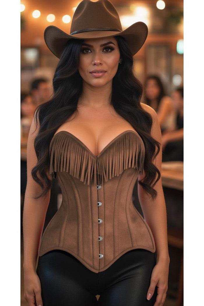 Daisy Beachwear Top Drawer Tan Suede Steel Boned Overbust Corset W/Fringe