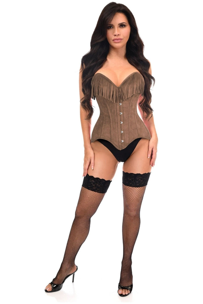 Daisy Beachwear Top Drawer Tan Suede Steel Boned Overbust Corset W/Fringe