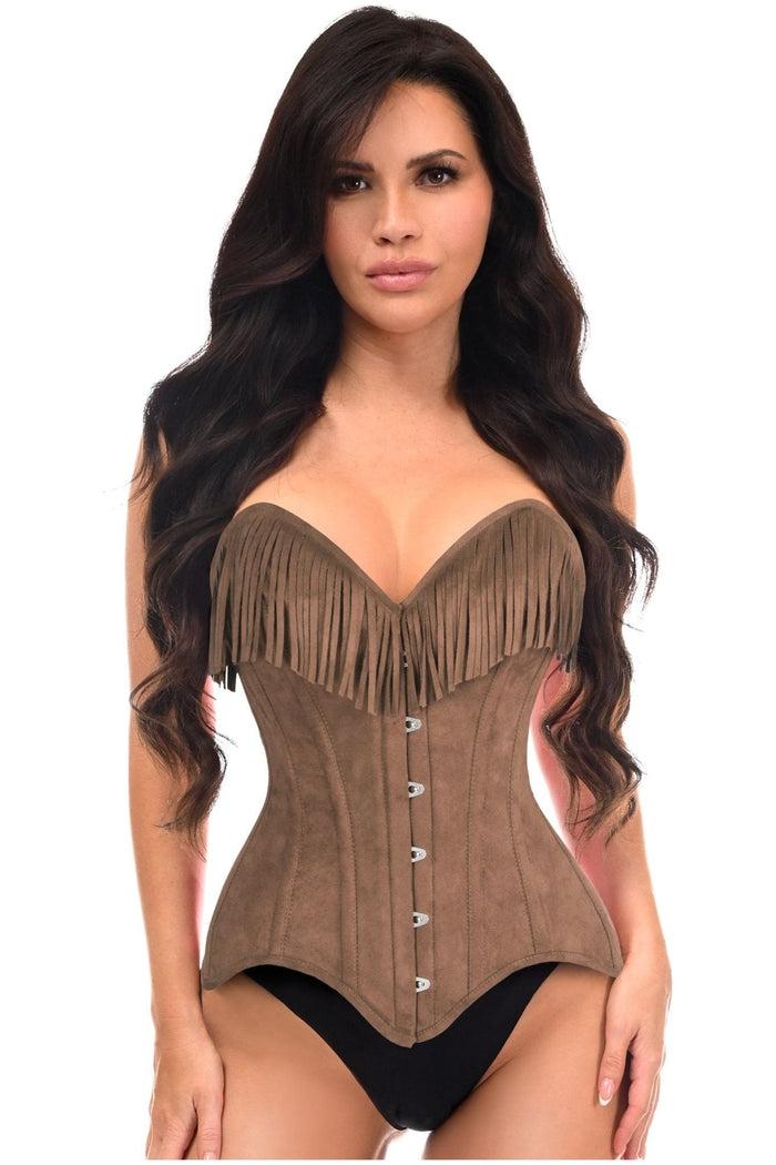 daisy beachwear Top Drawer Tan Suede Steel Boned Overbust Corset w/Fringe