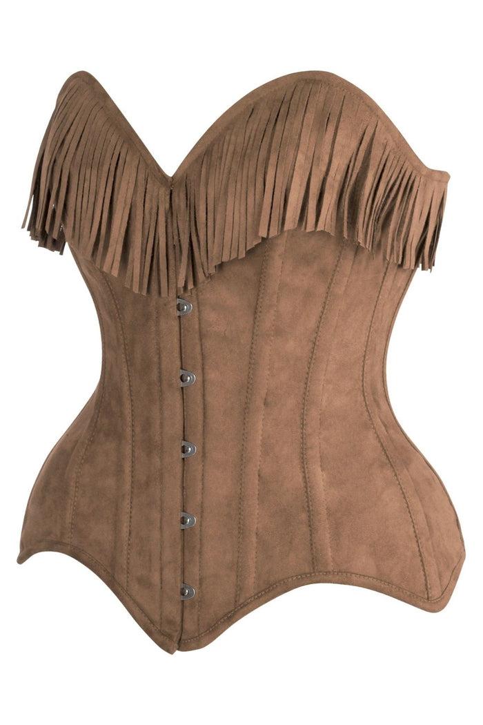 Daisy Beachwear Top Drawer Tan Suede Steel Boned Overbust Corset W/Fringe