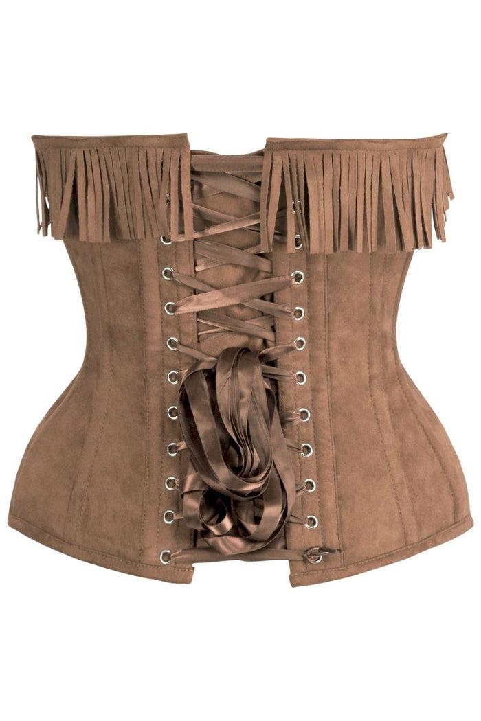 Daisy Beachwear Top Drawer Tan Suede Steel Boned Overbust Corset W/Fringe