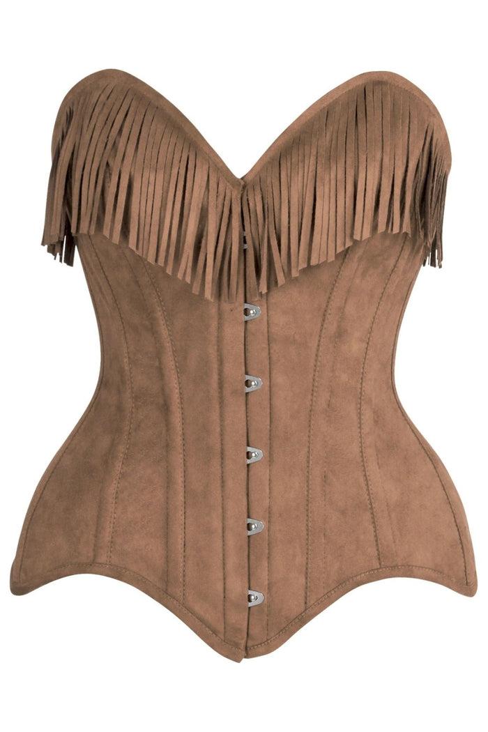 daisy beachwear Top Drawer Tan Suede Steel Boned Overbust Corset w/Fringe