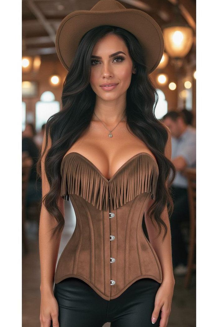 daisy beachwear Top Drawer Tan Suede Steel Boned Overbust Corset w/Fringe