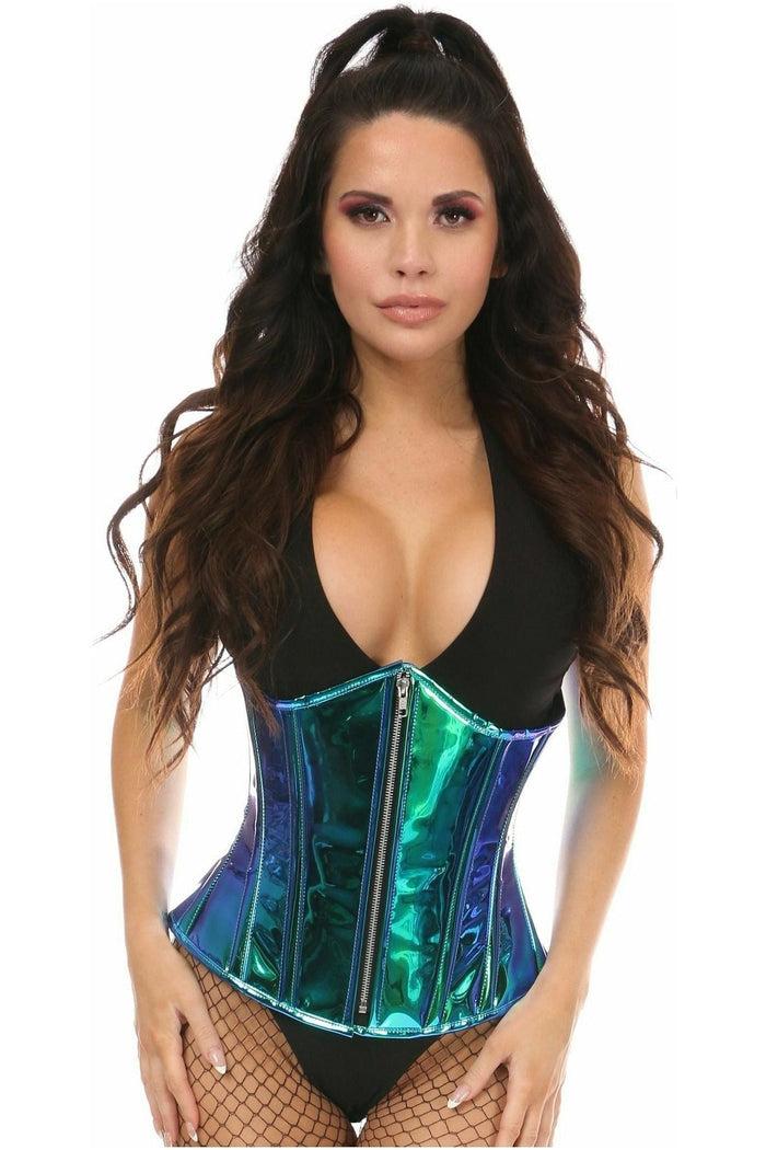 daisy beachwear Top Drawer Teal/Blue Holo Steel Boned Underbust Corset